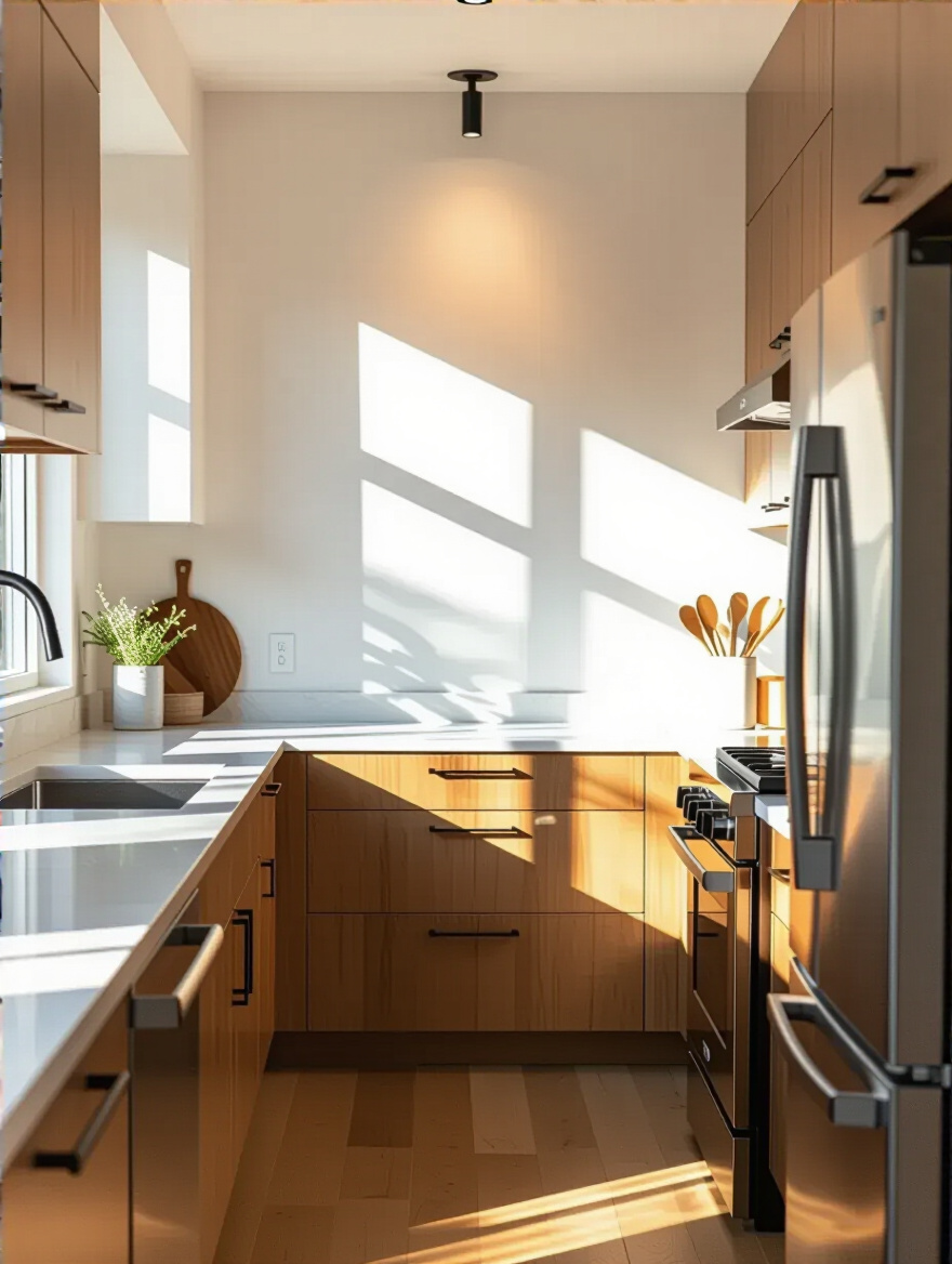 Modern kitchen interior showing empty wall space ideal for strategic kitchen wall decoration placement with clear view of work triangle and layout
