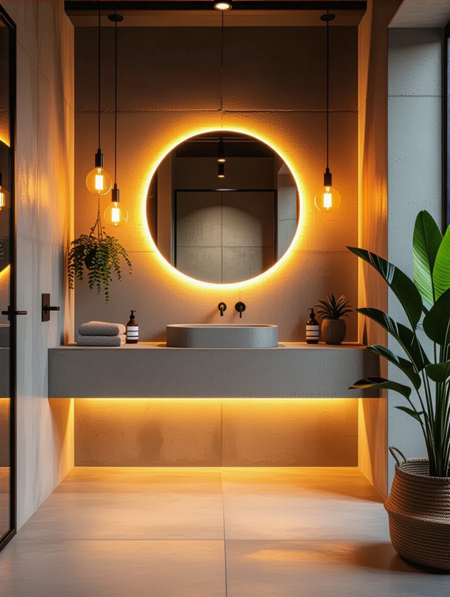 A professionally designed industrial bathroom with warm lighting and concrete-effect tiles.