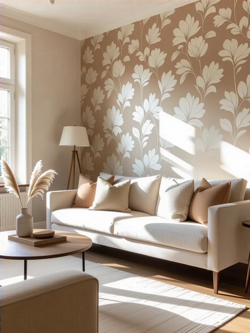 Living room design featuring a wallpaper accent wall with refreshed adjacent walls.