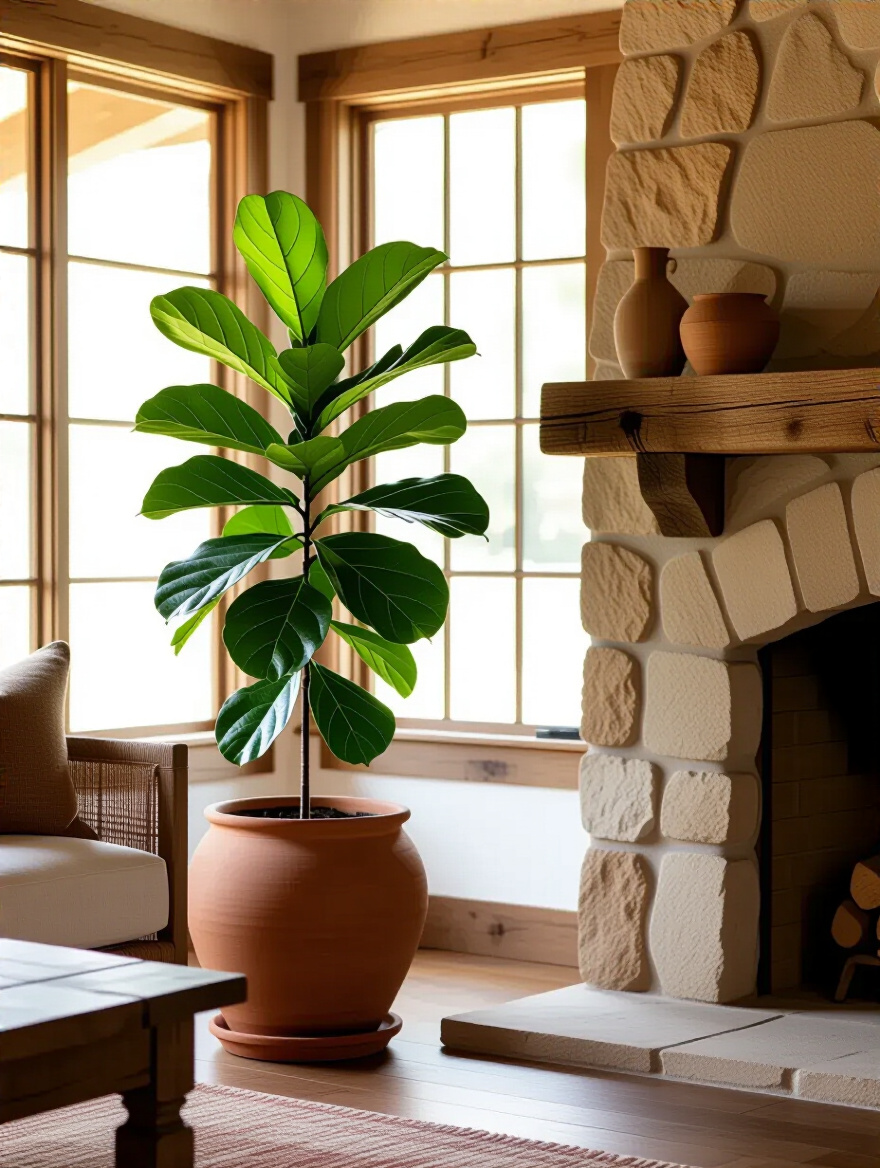 Rustic living room corner with large green Fiddle Leaf Fig plant in terracotta pot near stone fireplace and wood mantel, natural light highlighting glossy leaves