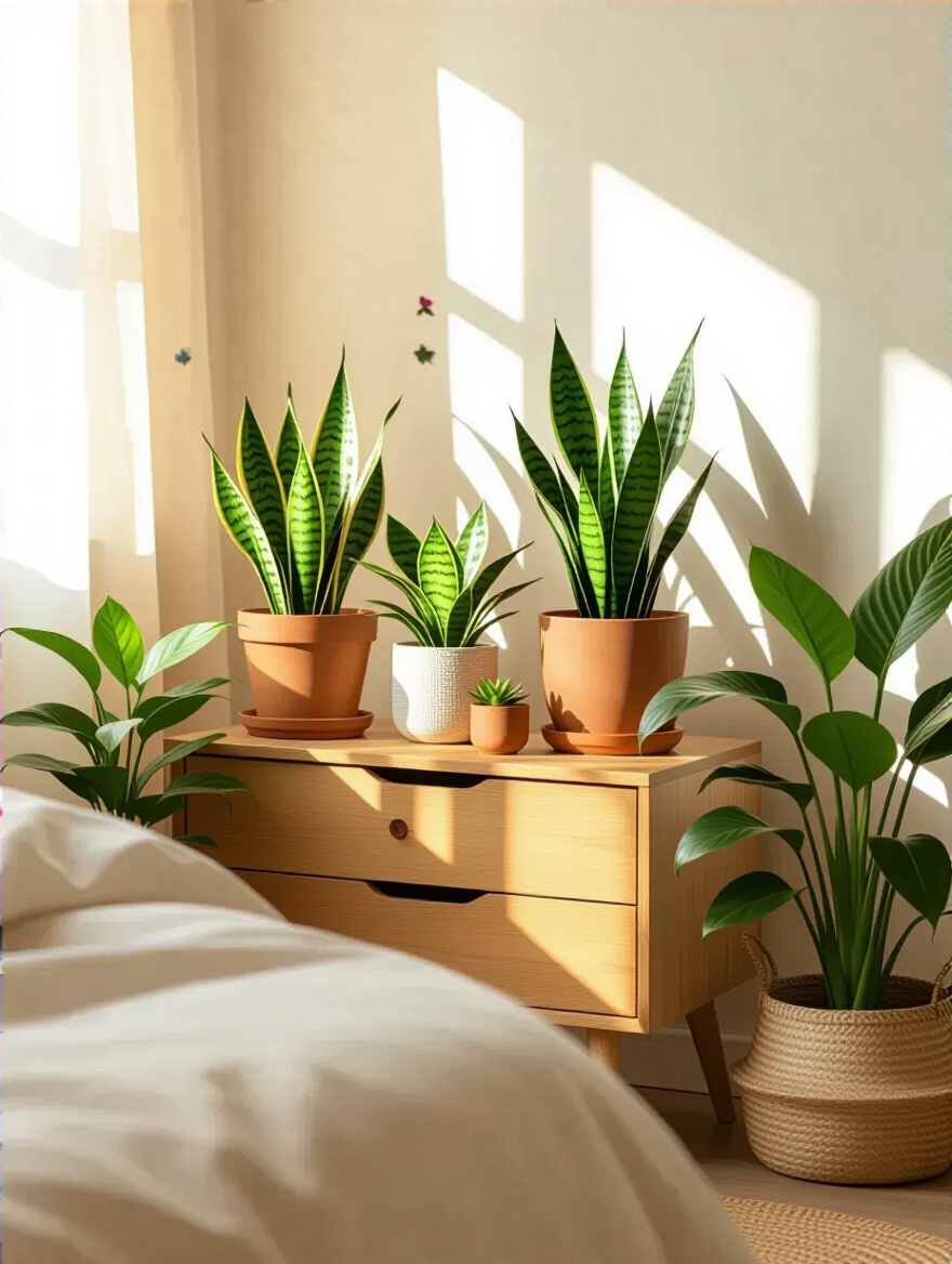 Cozy bedroom corner with calming houseplants like Snake Plant and Peace Lily in natural light