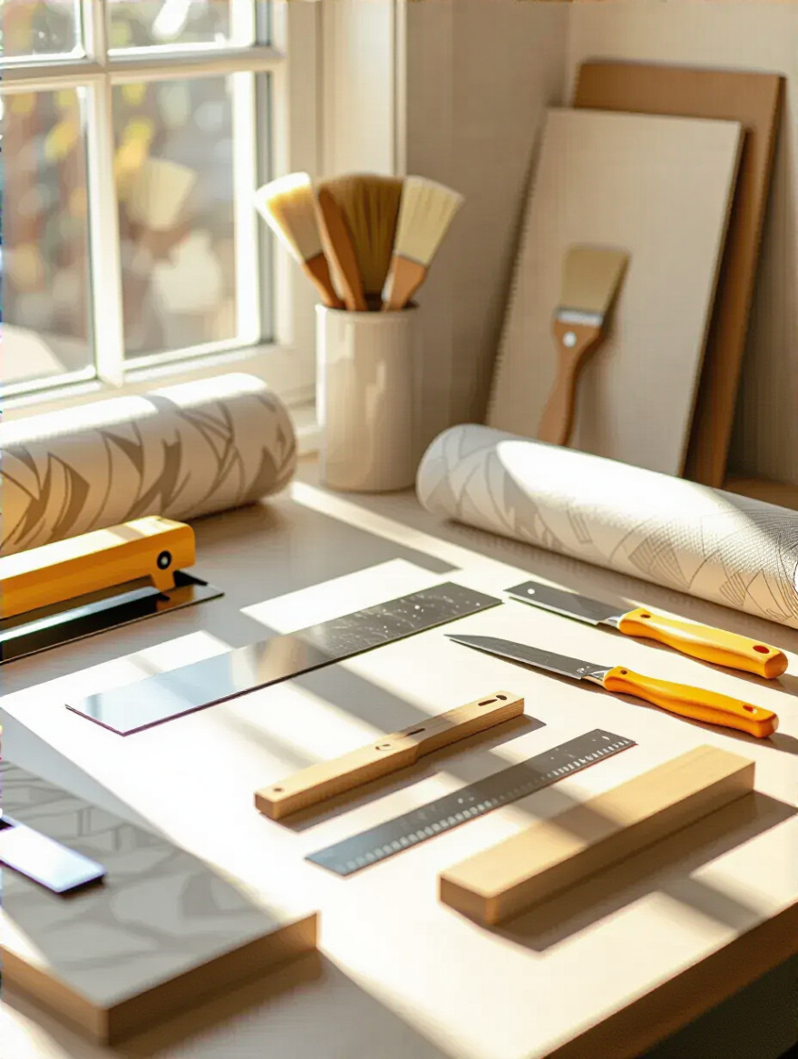 Workspace with wallpaper tools and materials for installation.