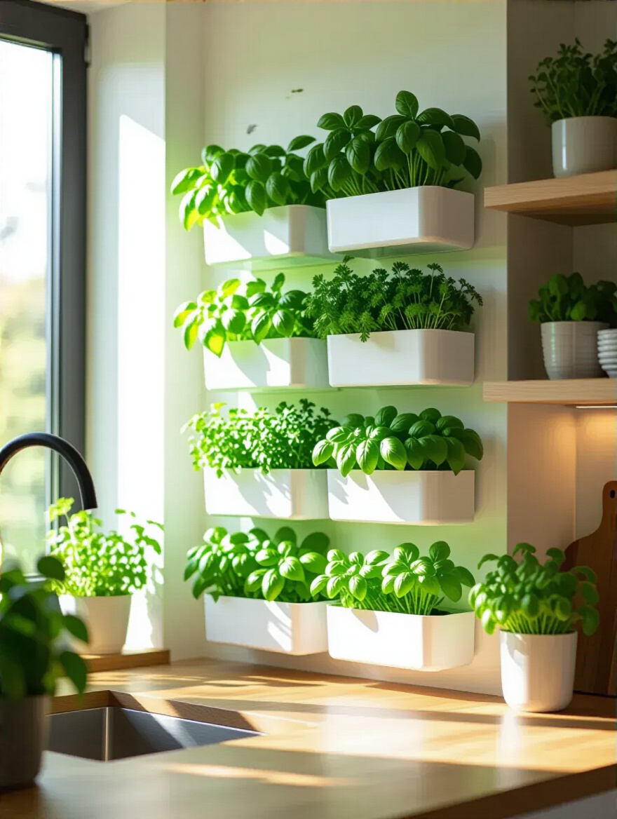 Modern kitchen with a vibrant living herb wall featuring fresh green herbs in modular planters under natural sunlight