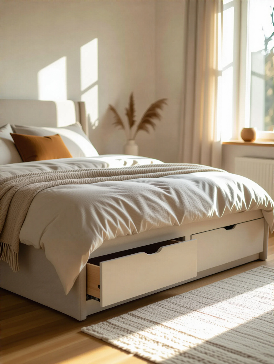 Modern bedroom with a bed featuring built-in drawers and stylish decor