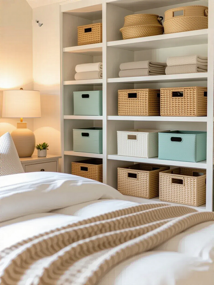 A beautifully styled bedroom showcasing decorative storage bins in various textures and colors.