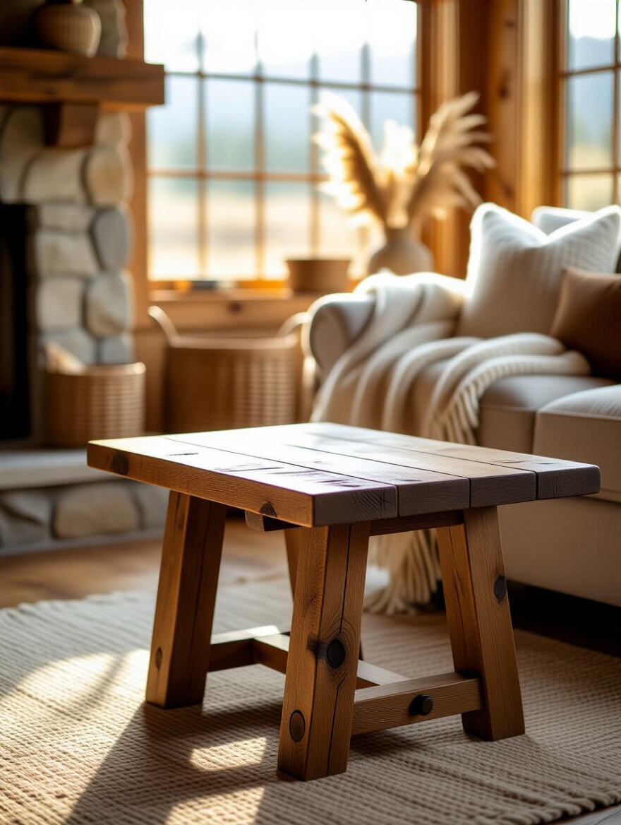 Portrait image of a rustic living room corner featuring a durable solid wood accent table with visible grain and sturdy construction under warm natural light