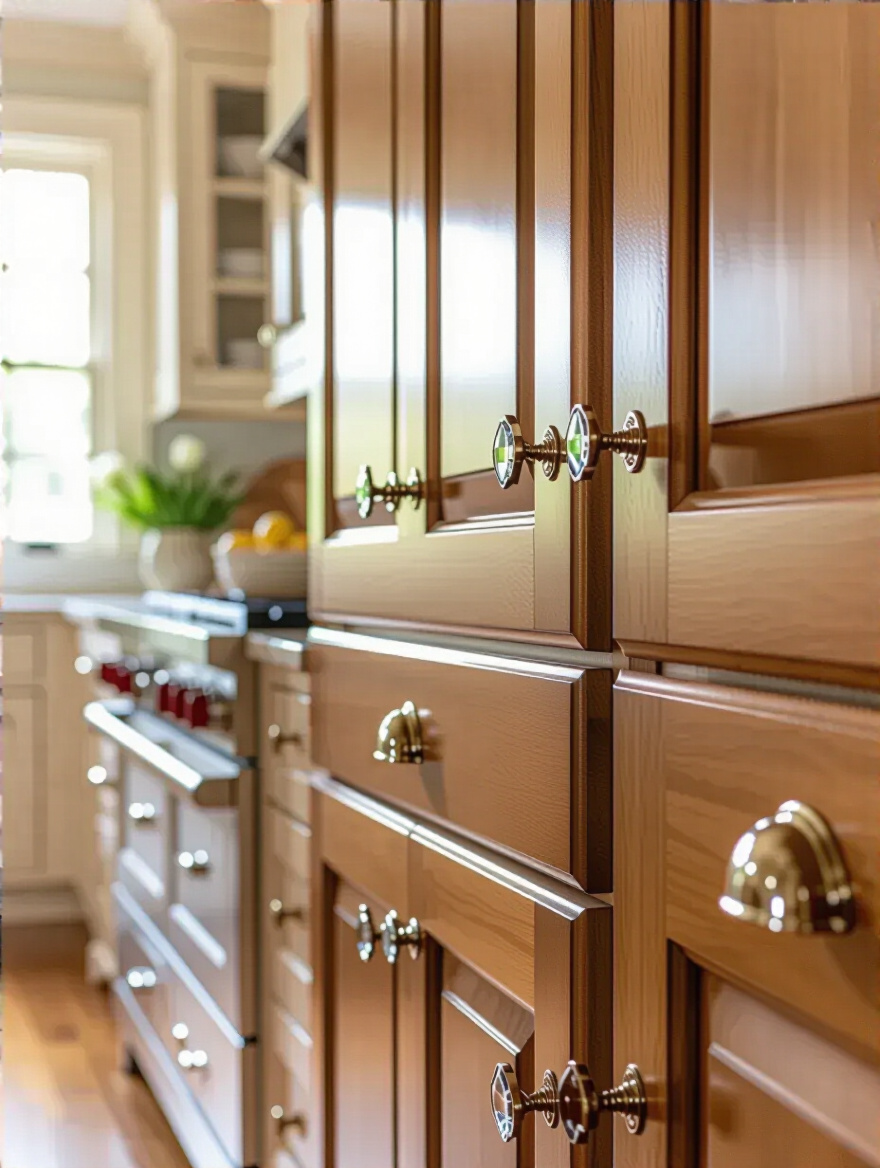 Traditional kitchen with period-specific cabinet hardware including polished nickel latches and glass knobs.