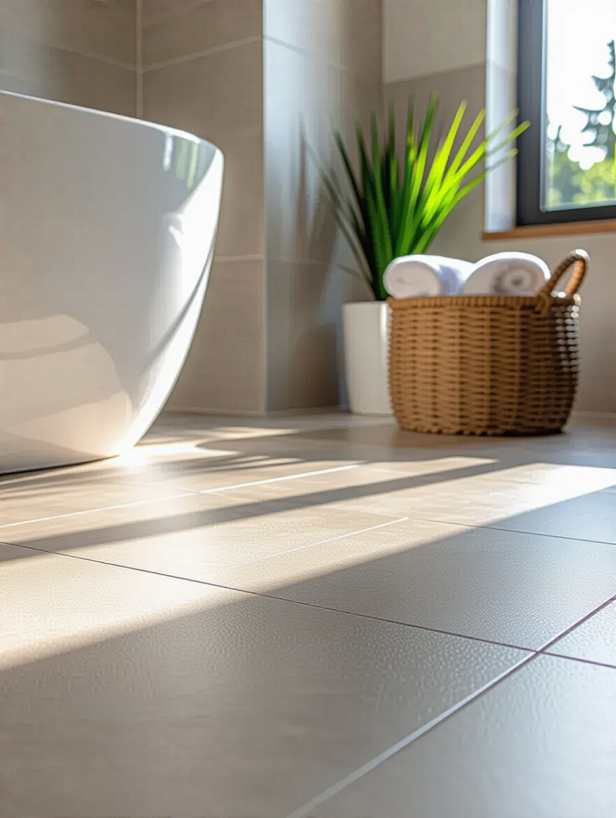 Close-up portrait image of slip-resistant textured bathroom flooring with matte porcelain tiles and grout lines