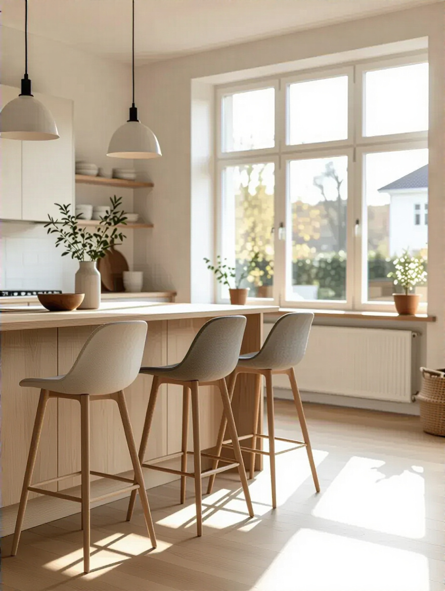 Scandinavian kitchen with legged seating showcasing an airy and open design