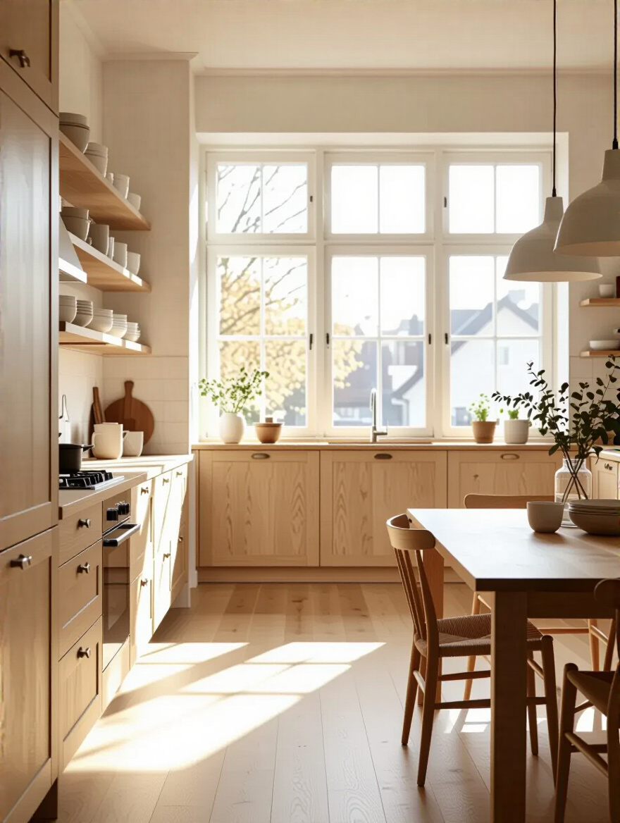 A bright Scandinavian kitchen featuring light wood cabinetry and flooring, creating an inviting and warm atmosphere.