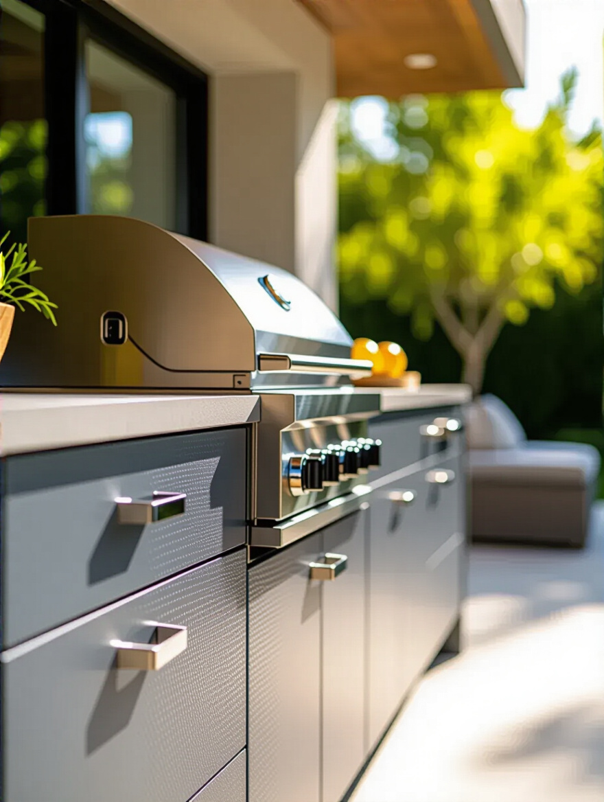 Close-up portrait of an outdoor kitchen cabinet made from marine-grade polymer with textured surface and vibrant color in natural daylight