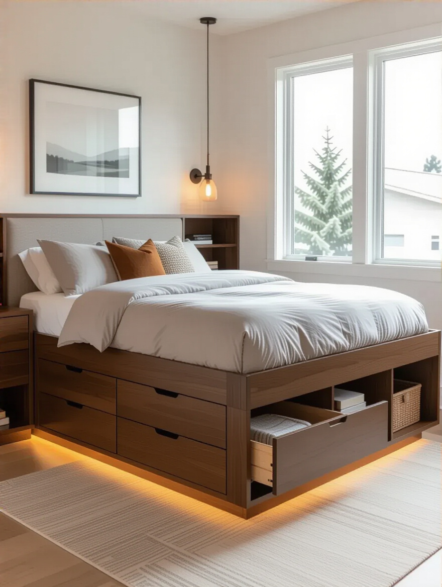 Modern bedroom with multi-functional platform bed featuring integrated storage drawers and shelving, showcasing space-saving furniture