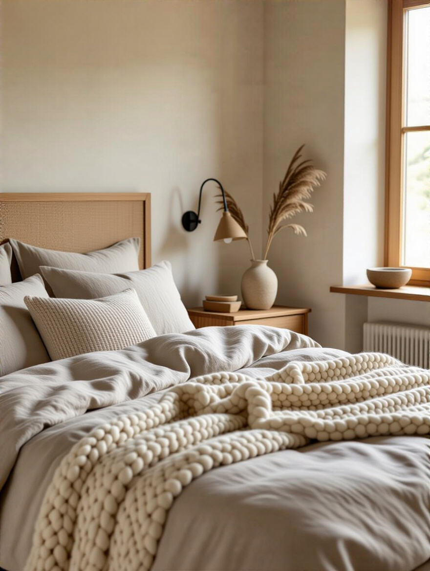 Cozy bedroom corner with organic cotton bedding, wool throw, and untreated wooden furniture creating a natural and grounded atmosphere