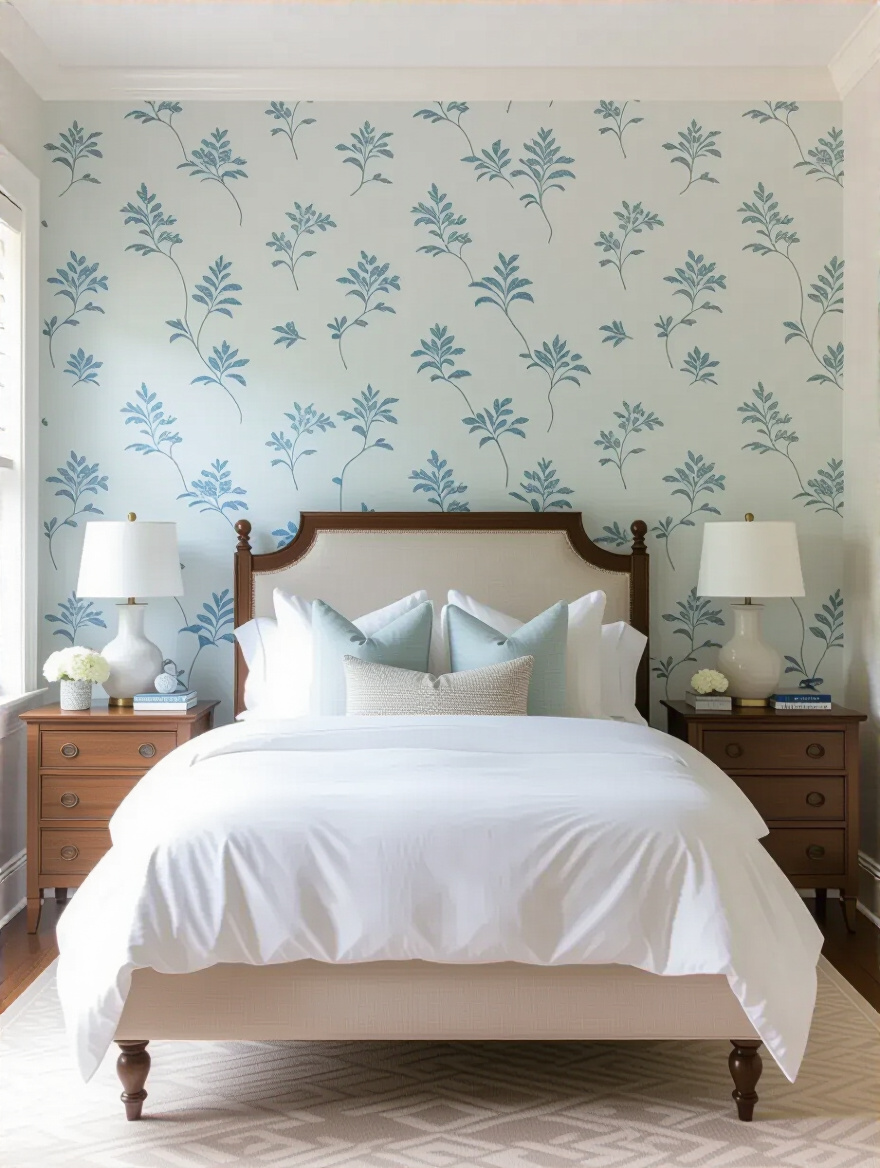 Elegant bedroom with wallpaper accent wall featuring complementary patterns and scale matched to wooden furniture