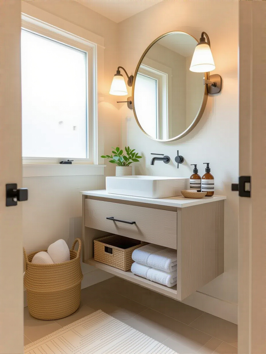 Small bathroom with a stylish wall-mounted space-saving vanity and elegant lighting.