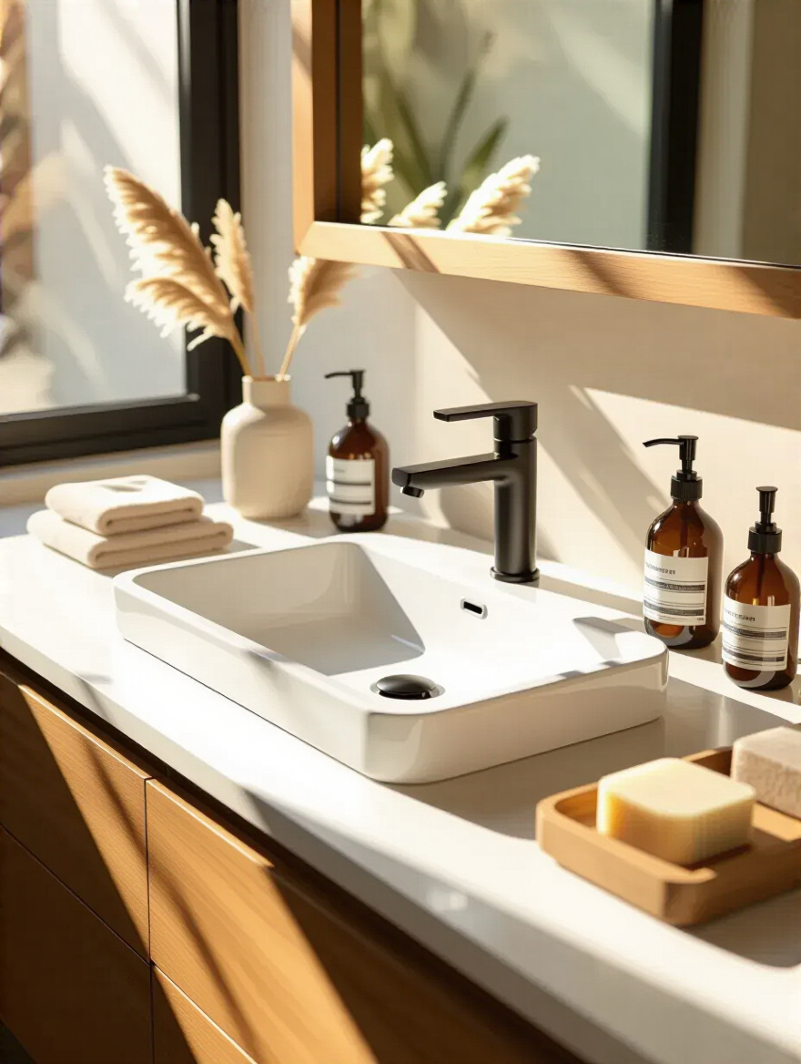 Modern bathroom vanity with practical sink configuration showcasing undermount sink and stylish faucet.