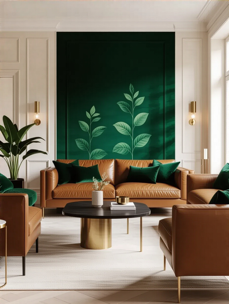 Living room with emerald green accent wall and stylish furniture