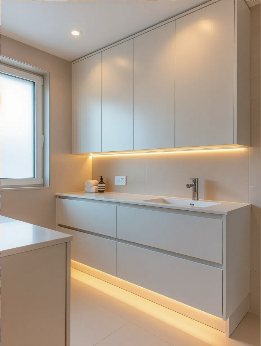 Modern bathroom interior featuring sleek built-in cabinetry for clutter-free storage and a clean design