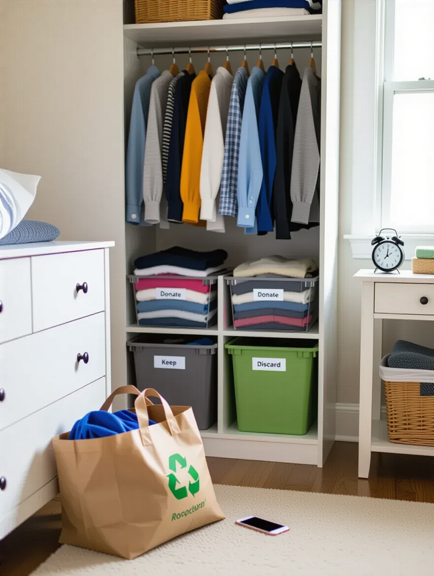 Organized bedroom corner with labeled Keep, Donate, and Discard bins and neatly sorted clothing in a dresser drawer