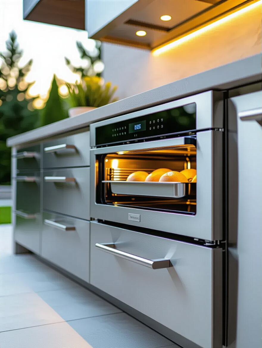 Outdoor kitchen with stainless steel warming drawer integrated into custom cabinets, warm steam visible, no people