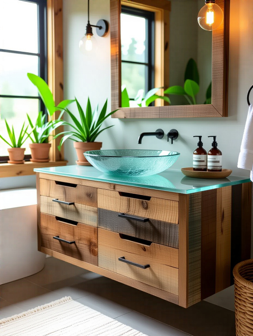 Eco-friendly bathroom vanity featuring reclaimed wood and recycled glass.