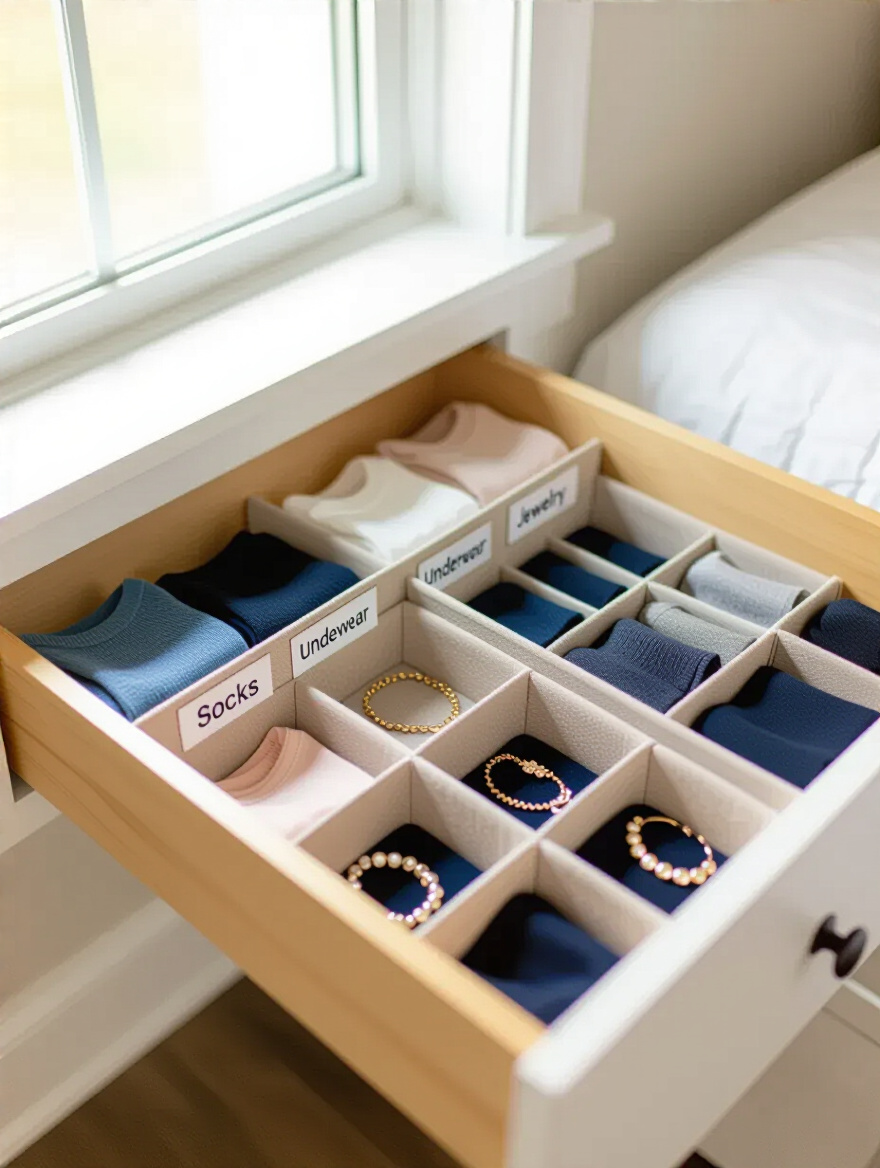 Open bedroom drawer with neatly organized compartments and labeled designated homes for socks, underwear, and jewelry