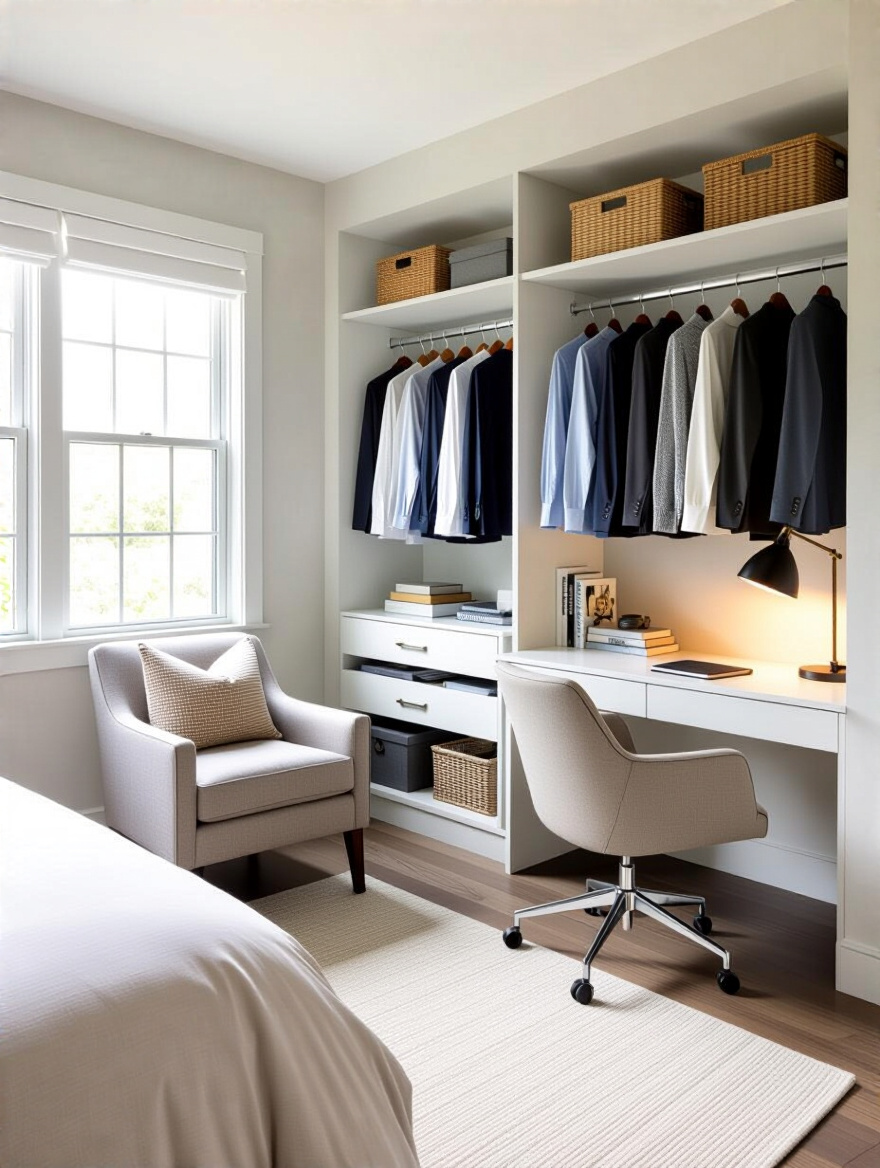 Organized bedroom with functional zones for dressing, reading, and working, showcasing a serene design.