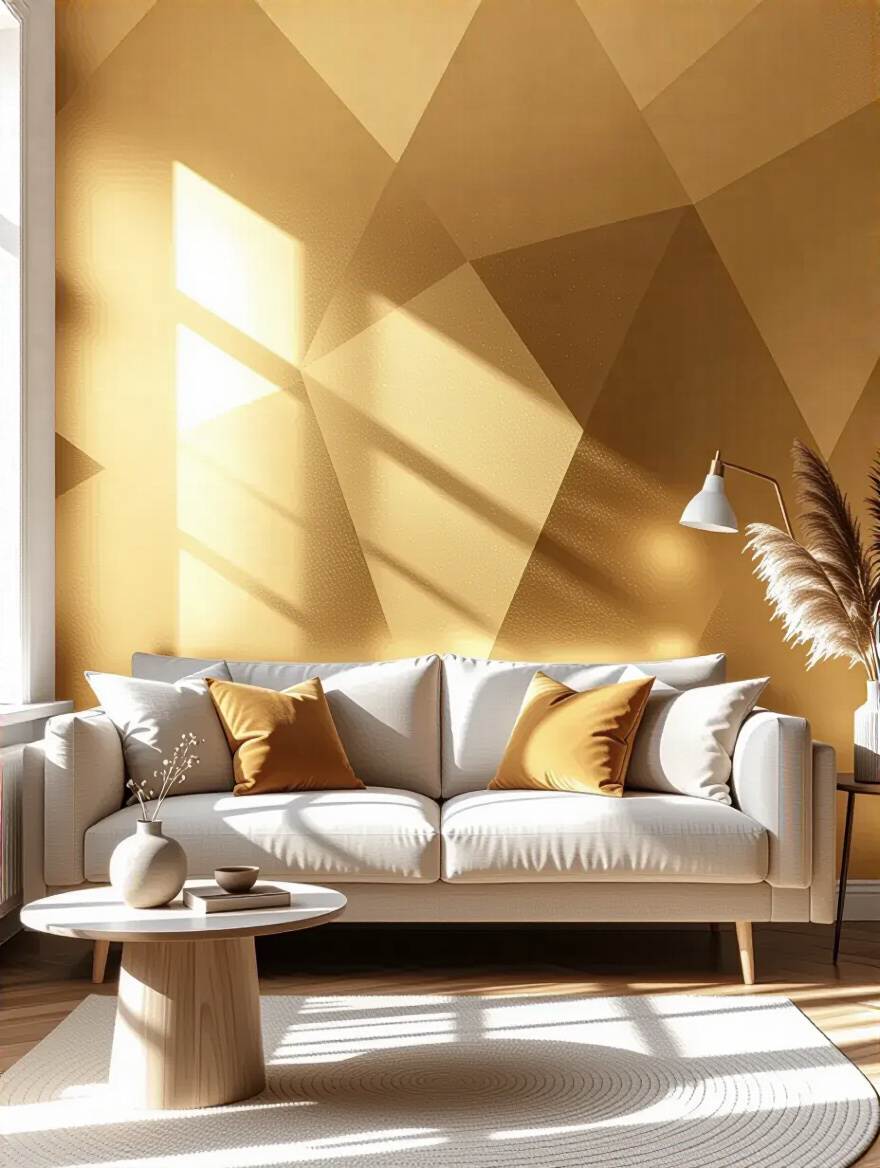 Living room with gold metallic wallpaper accent wall enhancing brightness