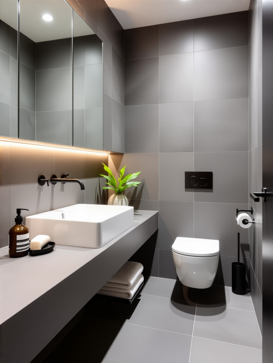 Seamless industrial bathroom with large format tiles and tonal grout