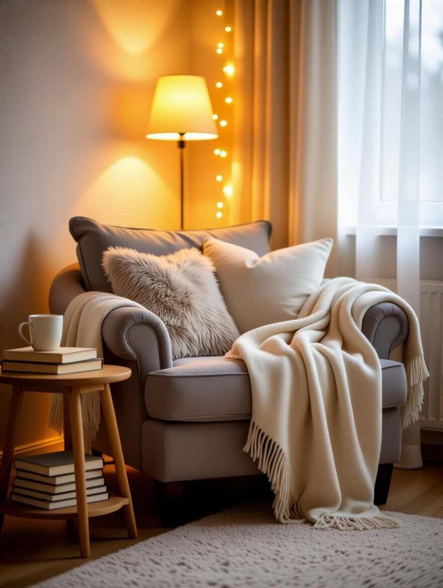 Cozy reading nook with armchair, soft lighting, and warm decor in a bedroom corner