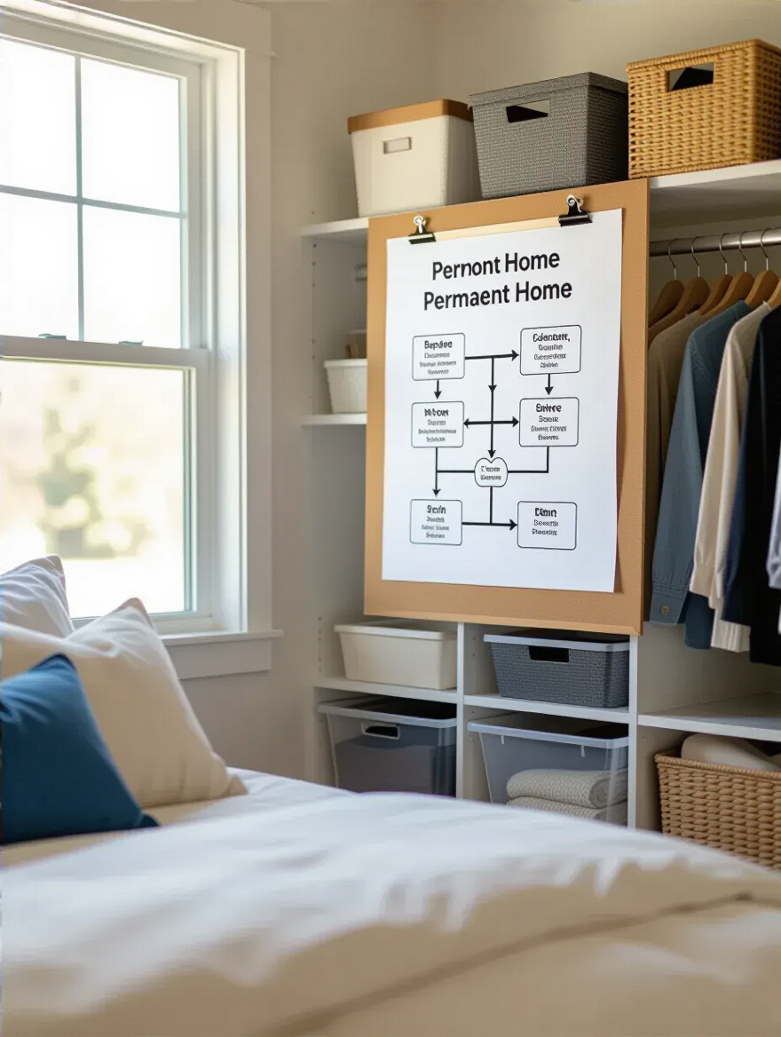 Portrait image of a bedroom storage flowchart on a wall with labeled storage bins and drawers in a tidy bedroom