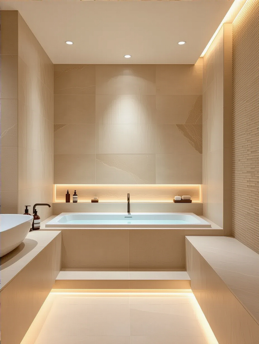 Spa-like bathroom interior with large-format natural stone tiles and textured accent wall, ambient lighting, and minimalist design