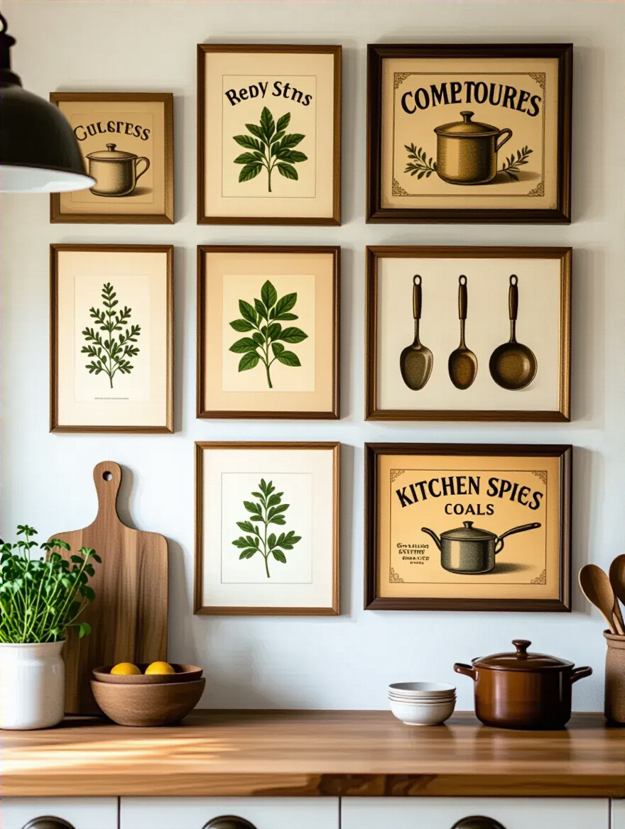 Themed gallery wall with culinary art including framed vintage kitchen prints and antique tools in a stylish kitchen setting