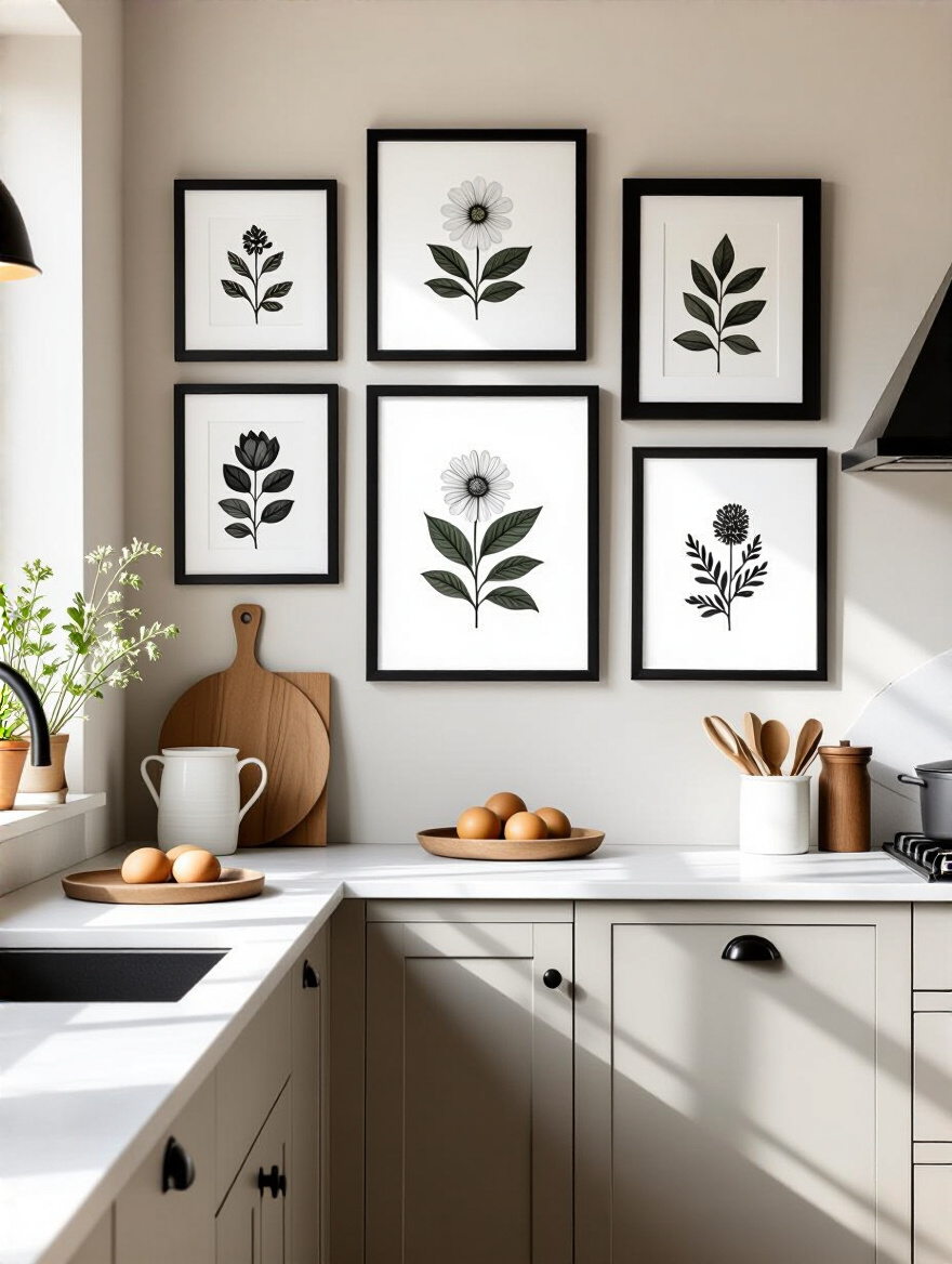 Stylish kitchen wall gallery featuring affordable printable art in repurposed matte black frames on a neutral wall