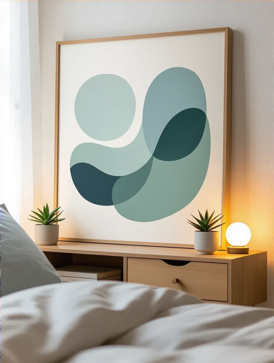 Cozy bedroom corner featuring large framed meaningful artwork with calming colors and ambient lighting