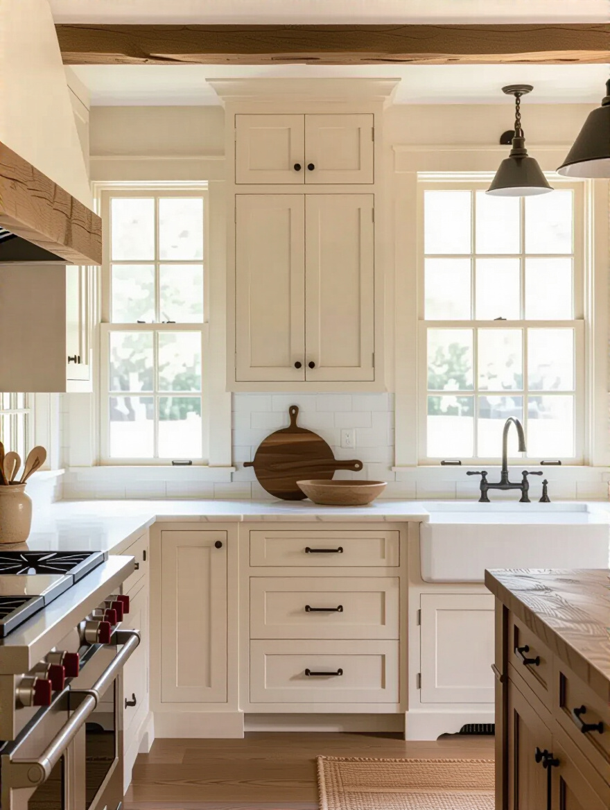 Traditional kitchen showcasing various cabinet door styles including Shaker, Raised Panel, and Inset.