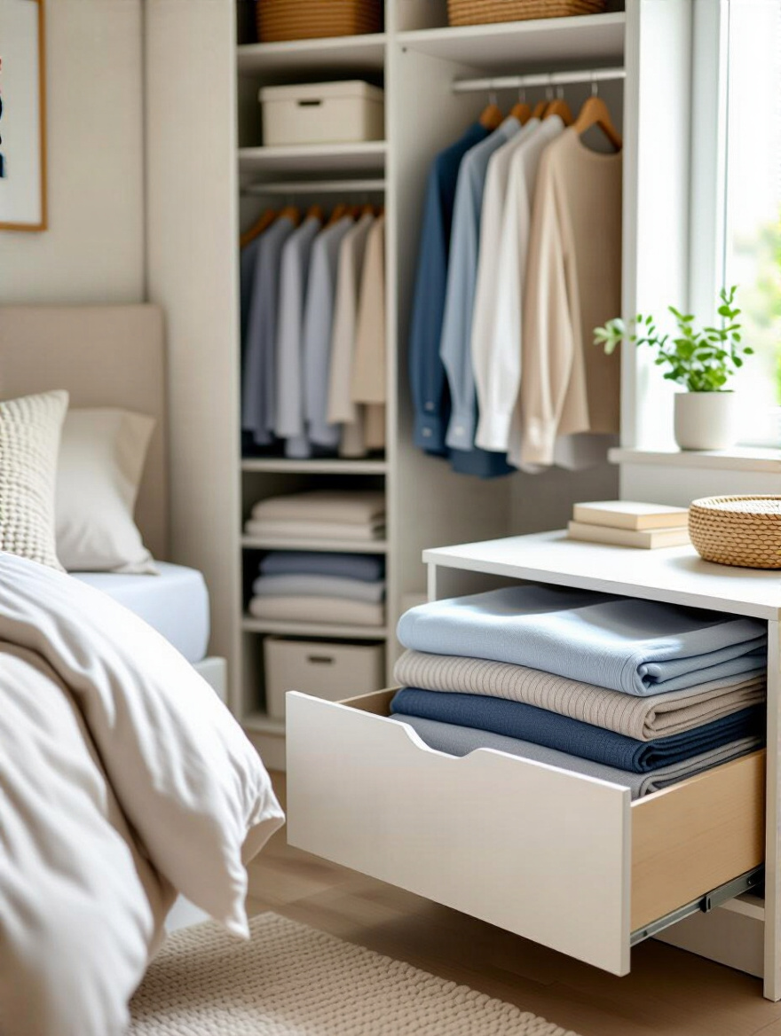 Organized bedroom with effective storage solutions.