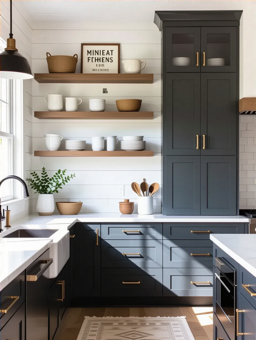 Portrait photo of a modern kitchen with cohesive wall decor and cabinet finishes showcasing a defined aesthetic