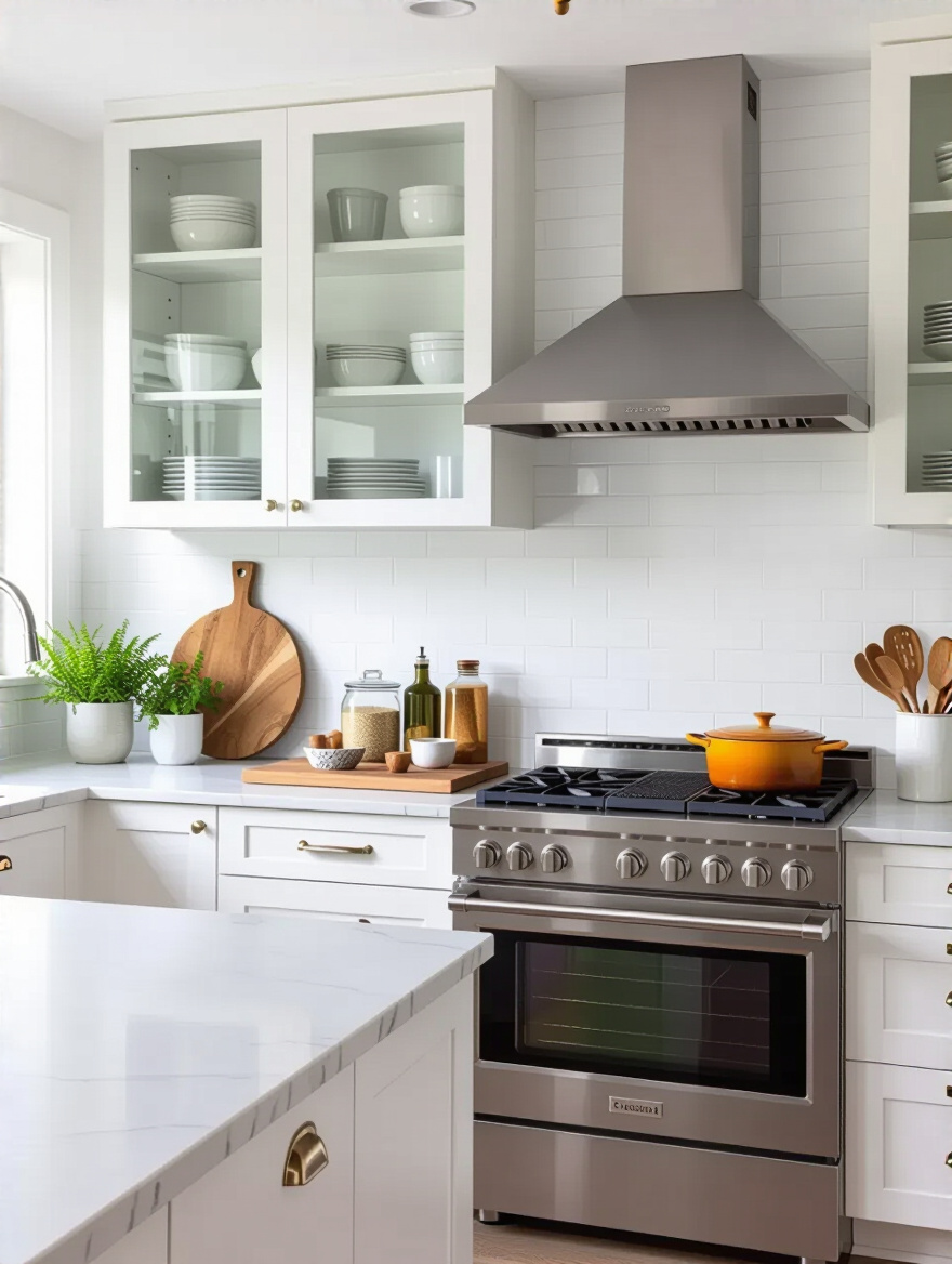 Mood board for kitchen style planning with color swatches and design photos on wooden table