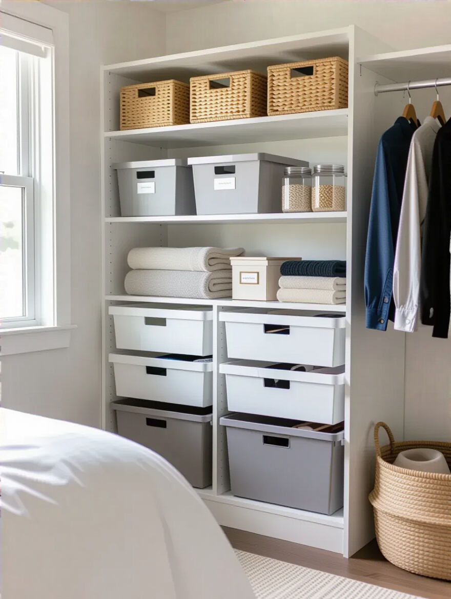 Organized bedroom storage corner with labeled bins and modular dividers under natural light