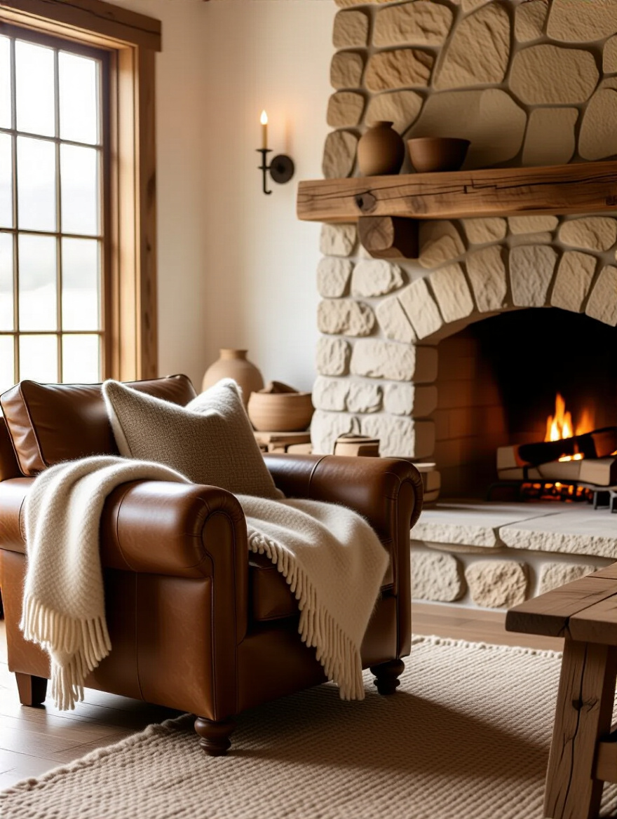 Cozy rustic living room corner with wood furniture and stone fireplace illustrating a defined rustic style niche