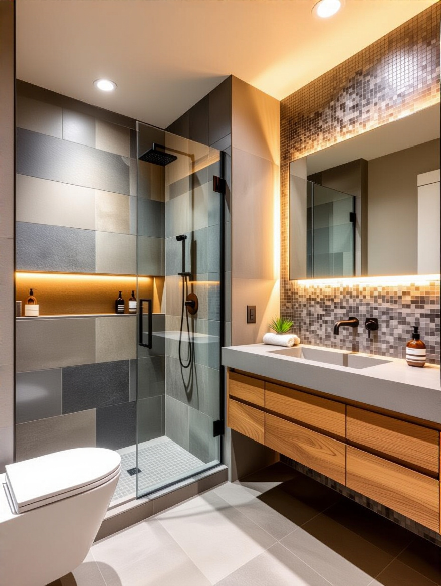 Modern industrial bathroom with distinct tile zones