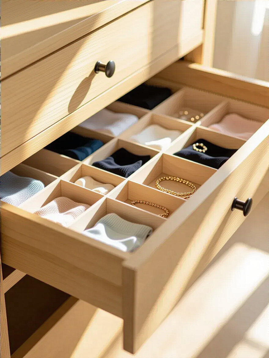 Open bedroom drawer with adjustable drawer dividers organizing socks, lingerie, and jewelry neatly