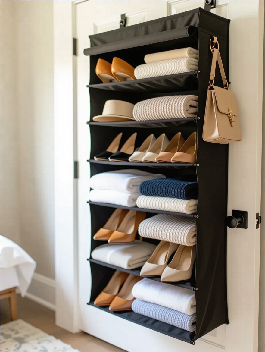 Over-the-Door Organizer filled with Shoes and Accessories on Bedroom Door