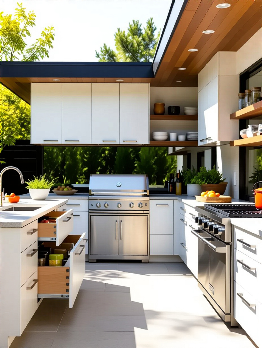 Modern outdoor kitchen with ergonomically designed cabinets featuring full-extension drawers and accessible storage, no people