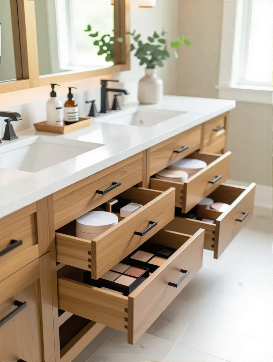 A stylish bathroom vanity with innovative storage solutions, showcasing organized drawers and compartments.