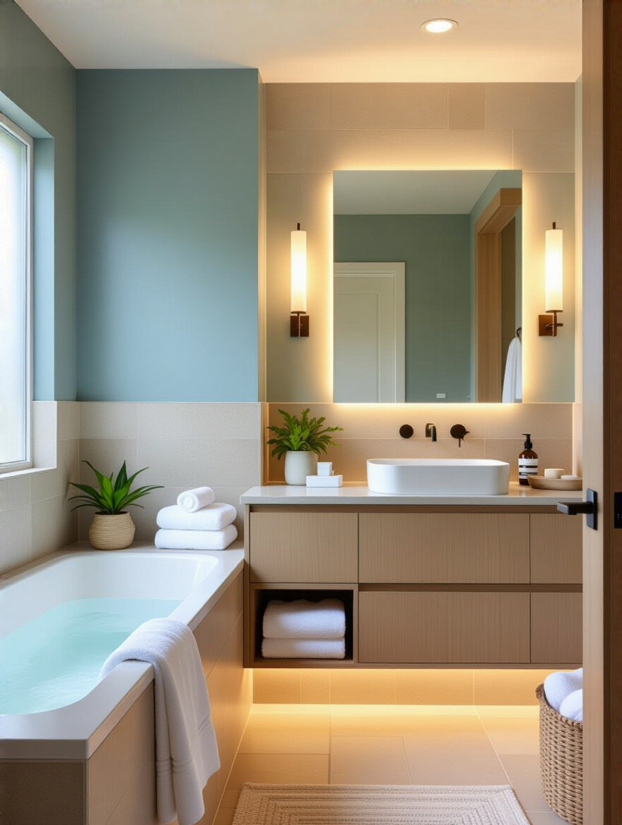 Tranquil bathroom interior with soft blue and green color palette, natural wood accents, and warm lighting