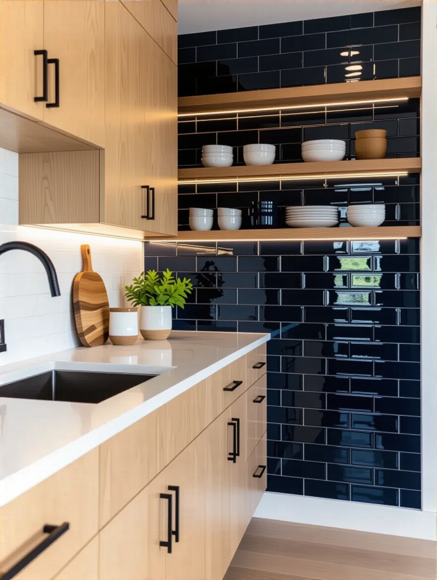 Modern kitchen with a deep navy blue subway tile accent wall, light wood cabinets, and floating shelves under soft natural and ambient lighting