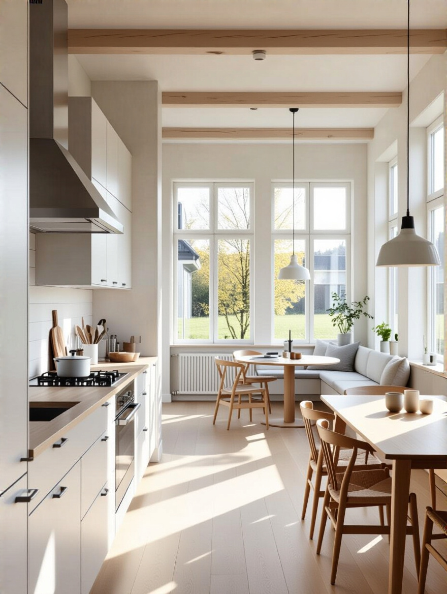 Scandinavian kitchen with open-concept layout showcasing seamless transitions between cooking, dining, and living areas.