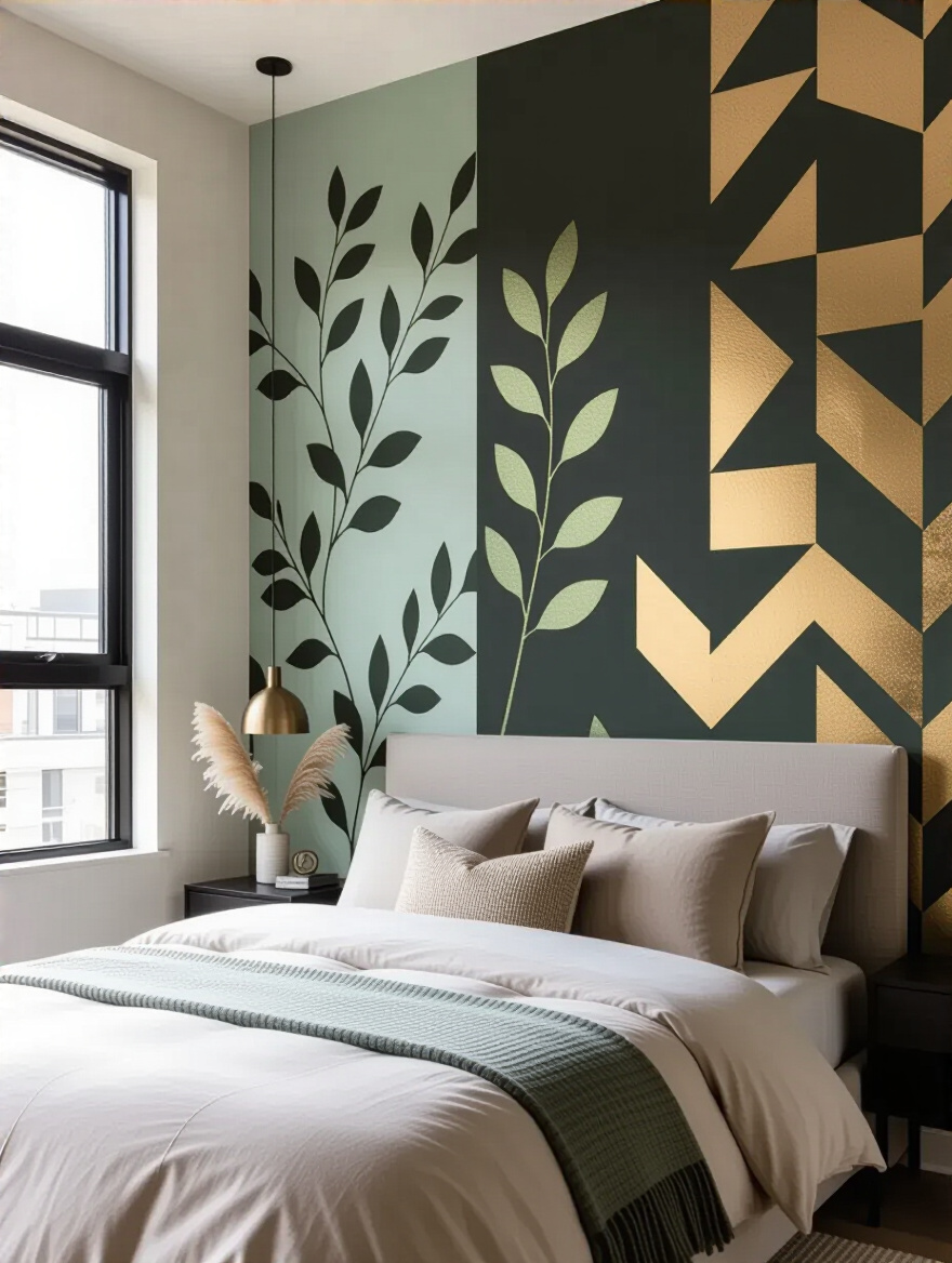 Portrait photo of a bedroom with a wallpaper accent wall combining tranquil nature and bold geometric styles